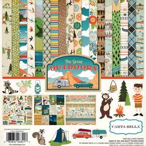 Carta Bella Paper Co. The Great OUTDOORS Collection Kit, Twelve 12X12 Double-sided Sheets and 12X12 Sticker Sheet, Wilderness Papercraft