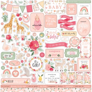 May include: A set of pink and green baby girl themed scrapbook stickers with floral designs, animals, and text such as "Dream Big, Little One", "Sweet Baby", "It's a Girl!" and "Congrats, we made a whole lot of joy!"