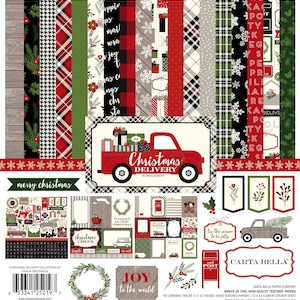 Carta Bella Paper Co. Christmas DELIVERY Collection Kit, Twelve 12X12 Double-sided Sheets and 12X12 Sticker Sheet, Christmas Papercraft
