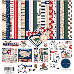 Carta Bella Paper Co. Home Run Collection Kit, Twelve 12X12 Double-sided Sheets and 12X12 Sticker Sheet, Retro Baseball Scrap and Papercraft