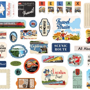 Carta Bella ALL ABOARD Collection Ephemera, 33 Pieces, Retro/Vintage Train Scrap and Papercraft, Travel Die Cuts