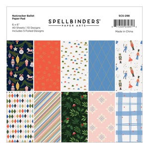 May include: A pack of 10 double-sided 6x6 inch patterned paper sheets featuring a Nutcracker Ballet theme. The designs include a variety of holiday patterns, including snowflakes, plaid, stripes, and a Nutcracker design. The pack includes 5 foiled designs.  The pack is labeled "Spellbinders Paper Arts" and "SCS-298".
