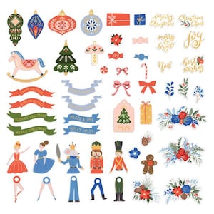 May include: A set of colorful Christmas-themed stickers featuring ornaments, a rocking horse, a Christmas tree, a nutcracker, a gingerbread man, a mouse, a ballerina, a candy cane, a gift box, a wreath, and ribbons. The stickers also include text such as "Merry Christmas", "Joy", "Noel", and "Best Wishes".