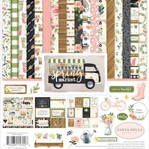 Carta Bella Paper Co. Spring Market Collection Kit, Twelve 12X12 Double-sided Sheets, 12X12 Sticker Sheet, Farmhouse Floral Papercraft