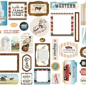 Carta Bella COWBOYS Collection Frames and Tags, 34 Pieces Retro Western/Cowboy Die Cut Ephemera, Cowboy/Western Scrap and Papercraft