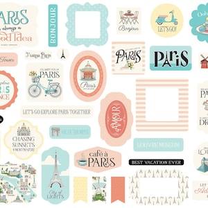 Carta Bella PARIS Collection Ephemera, 34 Die Cut Cardstock Pieces, Retro/Vintage Travel Scrap and Papercraft, Paris Theme Papercraft