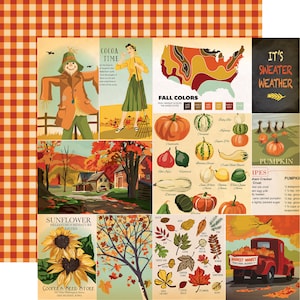 4 Assorted Sheets! Carta Bella FALL Break Collection, 12X12 Double-sided Retro Autumn/Fall Scrapbook, Autumn/Fall Papercraft