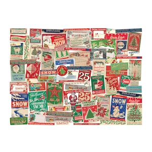 May include: A collection of vintage Christmas themed paper stickers with red, green, and white colors. The stickers feature various Christmas imagery, including snowmen, snowflakes, Christmas trees, and Santa Claus. The stickers are perfect for adding a festive touch to your holiday crafts and decorations.