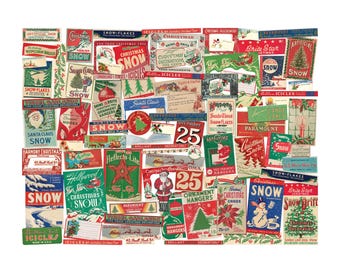 May include: A collection of vintage Christmas themed paper stickers with red, green, and white colors. The stickers feature various Christmas imagery, including snowmen, snowflakes, Christmas trees, and Santa Claus. The stickers are perfect for adding a festive touch to your holiday crafts and decorations.