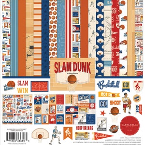 Carta Bella Paper Co. SLAM DUNK Collection Kit, Twelve 12X12 Double-sided Sheets and 12X12 Sticker Sheet, Retro Basketball Scrap/Papercraft