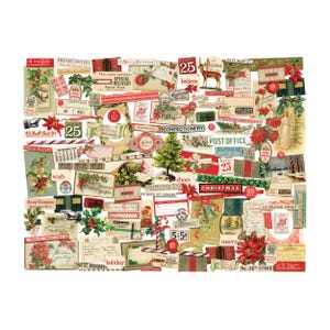 May include: A collage of vintage Christmas ephemera, including tags, labels, and postcards. The design features festive elements like poinsettias, a Christmas tree, and the number 25. Text includes "Merry Christmas" and "Special Delivery".