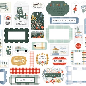 Carta Bella FARMHOUSE Summer Collection Frames & Tags, 33 Pieces, Farmhouse/Welcome Theme Scrap and Papercraft, Farmhouse Paper Tags