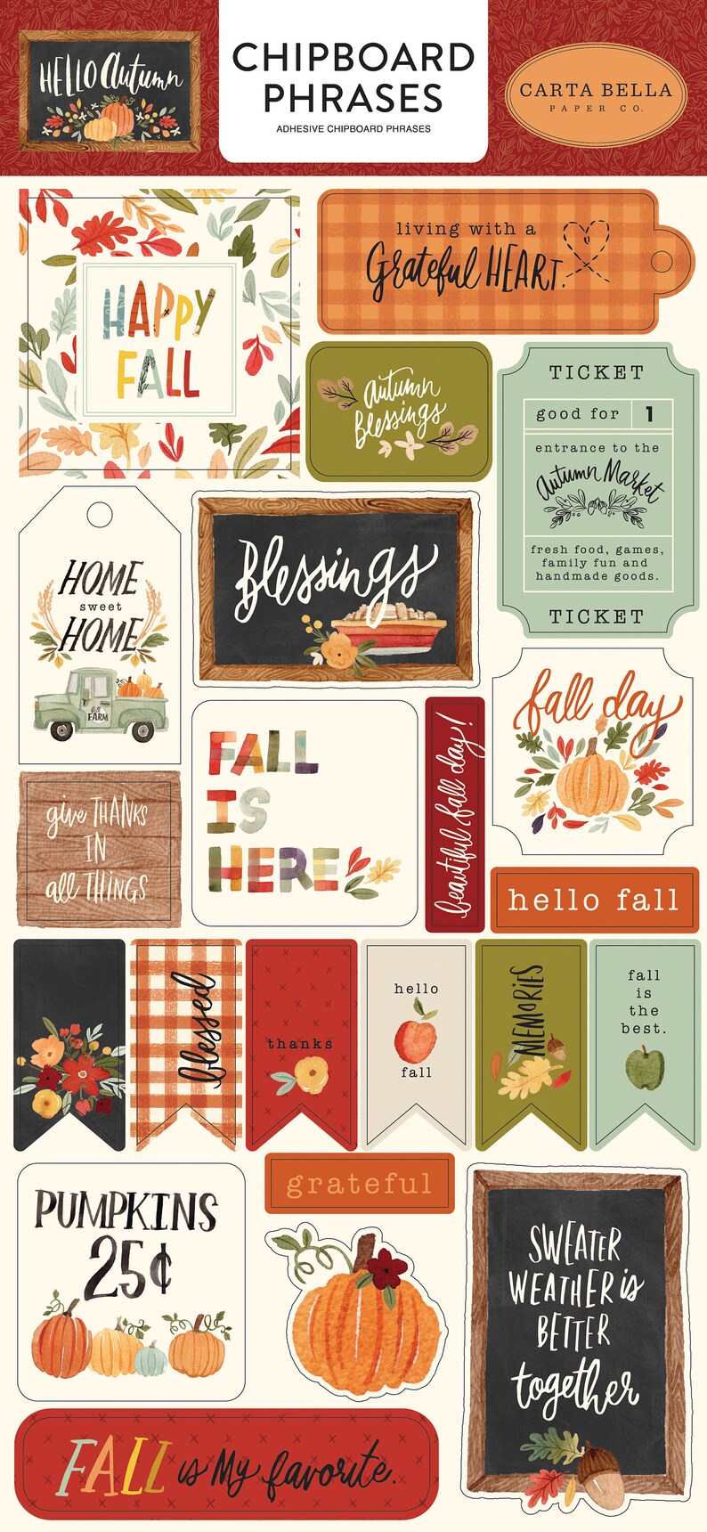 Carta Bella Hello Autumn Collection Chipboard Phrases Fall Autumn