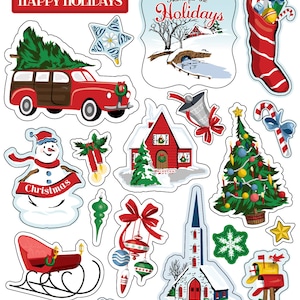 Carta Bella White Christmas Collection Puffy Stickers, Retro/Vintage Christmas Scrap and Papercraft, Puffy Christmas Stickers