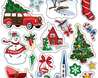以下が含まれることがあります： 雪だるま、サンタクロース、教会、郵便受け、クリスマスツリー、靴下、家、車、そり、星、鳥、ベル、リースなど、クリスマスをテーマにした16個のふっくらとしたステッカーのセットです。ステッカーは白地に赤、緑、青、黄色のアクセントが付けられています。画像には「White Christmas」と「Happy Holidays」の文字が含まれています。