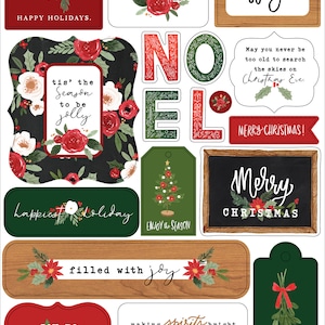 Carta Bella Happy CHRISTMAS Collection Chipboard Phrases, Modern Floral Christmas Scrap and Papercraft, Christmas Die Cut Chipboard Accents