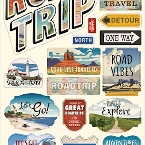 Carta Bella ROAD TRIP Collection Chipboard Phrases, Car Retro Travel/Road Trip Theme Scrapbook and Papercraft