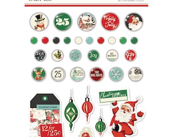 Simple Stories Simple Vintage Holly Jolly Decorative Brads, 27 Self-Adhesive Brads and 6 Chipboard Pieces,  Christmas Scrap and Papercraft