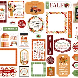 Carta Bella Welcome FALL Collection Frames & Tags, 33 Pieces, Fall/Autumn Scrap and Papercraft, Fall Tags, Fall Ephemera, Fall Die Cut Tags