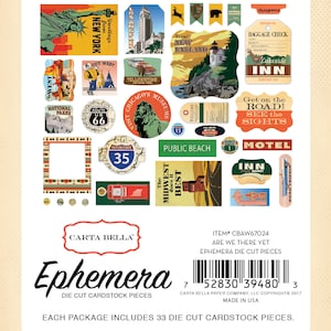 Carta Bella Are We There Yet? Collection Ephemera,  33 Die Cut Pieces, Retro/Vintage Road Trip/Travel Scrap and Papercraft