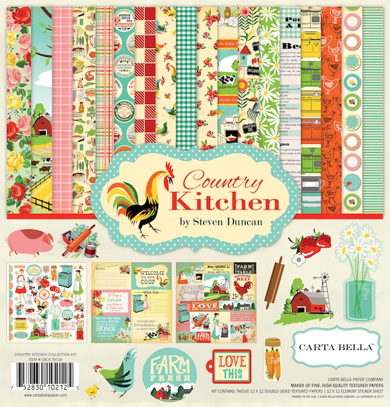 Carta Bella Paper Co. Country Kitchen Collection Kit, Twelve 12X12  Double-sided Sheets and 12X12 Sticker Sheet, Retro Kitchen/farm Paper 