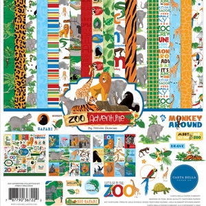 Carta Bella Paper Co. ZOO Adventure Collection Kit, Twelve 12X12 Double-sided Sheets, 12X12 Sticker Sheet, Zoo Theme Scrap and Papercraft