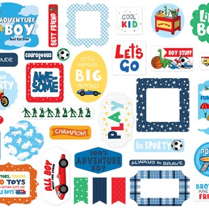 Carta Bella Little BOY Collection Ephemera, 34 Pieces, Retro/Vintage Boy Playtime/Toy Theme Scrap and Papercraft, Play Theme Paper Tags