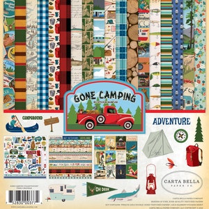 Carta Bella Paper Co. GONE CAMPING Collection Kit, Twelve 12X12 Double-sided Sheets and 12X12 Sticker Sheet, Adventure/Fishing Papercraft