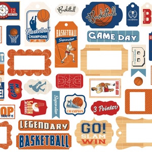 Carta Bella SLAM DUNK Collection Frames & Tags, 33 Pieces, Retro Basketball Scrapbook/Papercraft, Basketball Theme Die Cut Cardstock Pieces