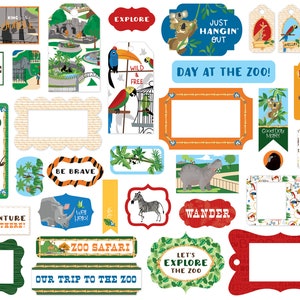 Carta Bella ZOO Adventure Collection Frame & Tags, 33 Pieces, Die Cut Cardstock Pieces, Zoo Theme Scrap and Papercraft