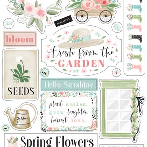 Carta Bella Flower GARDEN Collection Chipboard Phrases, Flower Market Theme Scrapbook and Papercraft, Floral Chipboard Die Cuts