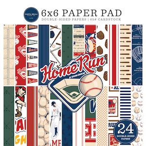 Carta Bella Home Run Collection 6 X 6 Paper Pad, 24 double-sided sheets, Retro/Vintage Baseball Theme Scrap and Papercraft