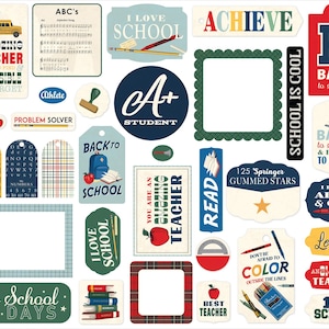Carta Bella Back to SCHOOL Collection "Frames and Tags", 34 Pieces, Retro/Vintage School Theme Scrap/Papercraft, School Theme Ephemera/Tags