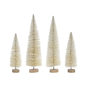May include: Set of four white bottle brush Christmas trees of varying sizes. The trees are made of white bristles and have a natural wood base.