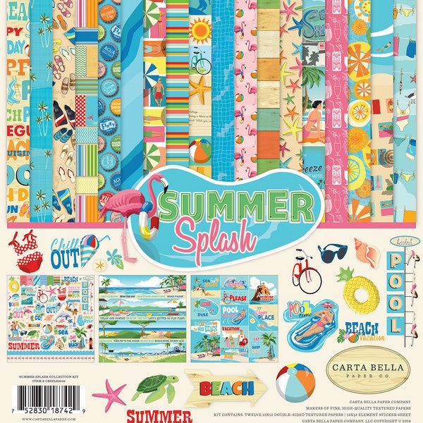 Carta Bella Paper Co. SUMMER Splash Collection Kit, Twelve 12X12 Double-sided Sheets, 12X12 Sticker Sheet, Summer/Beach Scrap and Papercraft