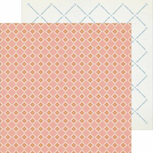 May include: A pink and orange patterned paper with a white background. The pattern is a repeating diamond shape with small white dots.