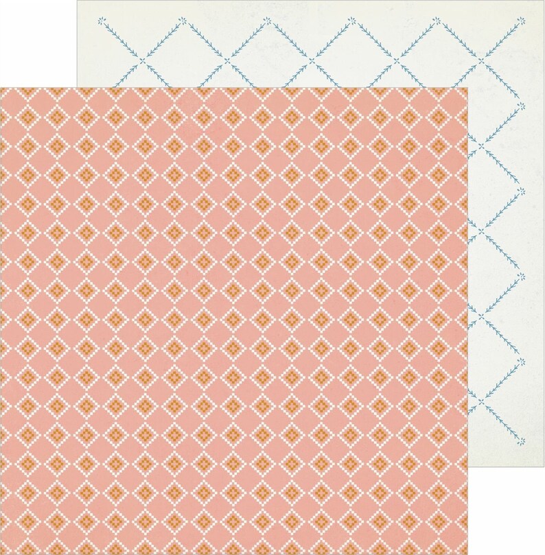 May include: A pink and orange patterned paper with a white background. The pattern is a repeating diamond shape with small white dots.