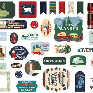 Carta Bella OUTDOOR ADVENTURES Collection Ephemera, 33 Die Cut Cardstock Pieces, Retro/Vintage Outdoors/Camping Scrapbook and Papercraft
