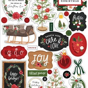 Carta Bella Happy CHRISTMAS Collection Chipboard Accents, Modern Floral Christmas Scrap and Papercraft, Christmas Die Cut Chipboard Accents