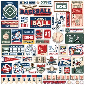 Carta Bella Home Run Collection 12X12 Sticker Sheet, Vintage Baseball Theme Scrapbook and Papercraft, Retro Baseball Stickers
