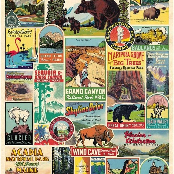 Vintage National Parks Wrap Sheet, Cavallini & Co. National Parks Poster, Decorative Wrap Sheet, Decoupage, Wall Hanging, Retro Parks Poster