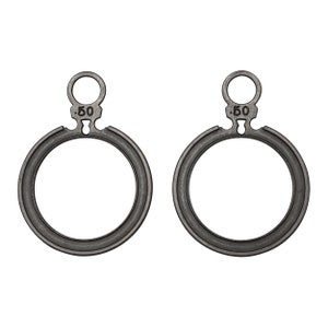 May include: Two silver-colored metal rings with a small loop at the top. Each ring has the number .50 printed on it.