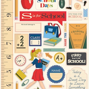 Carta Bella School Days Collection, Adhesive Chipboard Accents, Retro/Vintage School Theme Scrapbook and Papercraft, School Days Chipboard