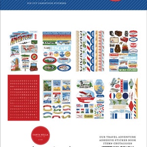 May include: A sticker book with a travel theme. The book includes a variety of stickers, including airplanes, luggage, maps, and travel-related phrases. The book is made of cardstock and is die-cut. The book is titled "Our Travel Adventure Sticker Book" and includes the text "Die Cut Cardstock Stickers".