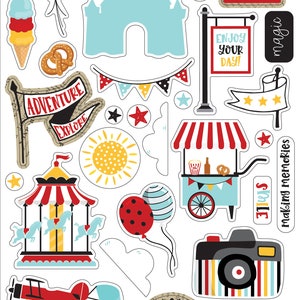 May include: A set of 18 chipboard stickers featuring a whimsical theme of a magical place. The stickers are in various colors, including red, blue, yellow, and white. The stickers feature images of a castle, a carousel, a hot air balloon, a popcorn cart, a camera, a clock, and fireworks. The stickers also include text such as "Adventure", "Explore", "Enjoy Your Day", "Magic is in the Air", "Time for Fun", and "Making Memories".