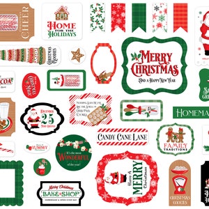 May include: A collection of Christmas themed printable gift tags and labels. The tags are in various shapes and sizes, with red, green, and white colors. Some of the tags have text that reads 