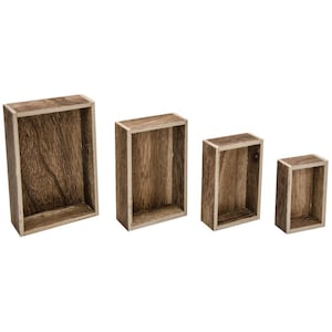 May include: Set of four wooden wall shelves in various sizes. The shelves are made of brown wood with a white trim.
