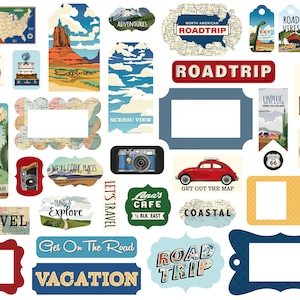 Carta Bella ROAD TRIP Collection Frames & Tags, 33 Die Cut Pieces, Retro/Vintage Road Trip/Travel Scrap and Papercraft, Road Trip Paper Tags