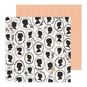 May include: A white background with a repeating pattern of black silhouettes of people in oval frames with a wreath design. The frames are surrounded by small floral designs in pink, green, and white.
