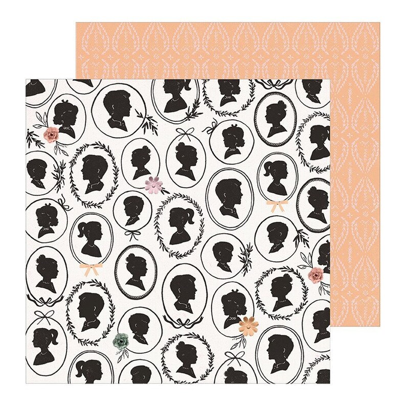 May include: A white background with a repeating pattern of black silhouettes of people in oval frames with a wreath design. The frames are surrounded by small floral designs in pink, green, and white.